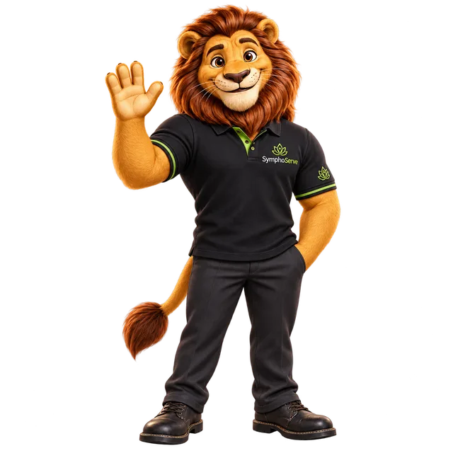 Symba, the SymphoServe lion assistant, waving hello
